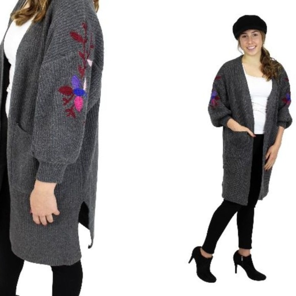 Embroidered Flower Long Cardigan Sweater Knitted Thick Warm Cable Knitted - Picture 2 of 3